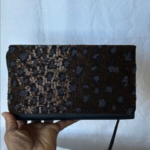 TIMMY WOODS Vintage Elegant animal print Black, Brown, and blue Beaded Clutch.